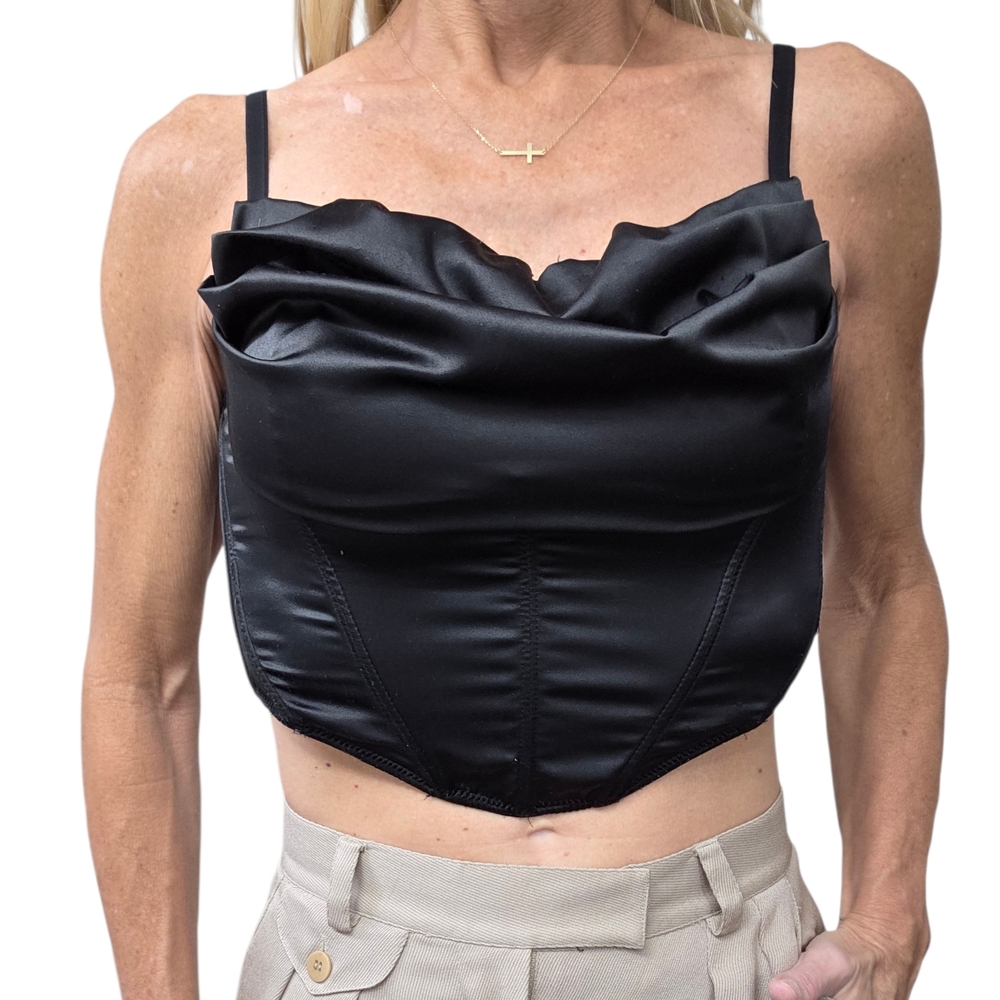Urban Outfitters Black Satin Corset Bustier Top Boned Cowl Neck Zip Back M - Picture 4 of 9